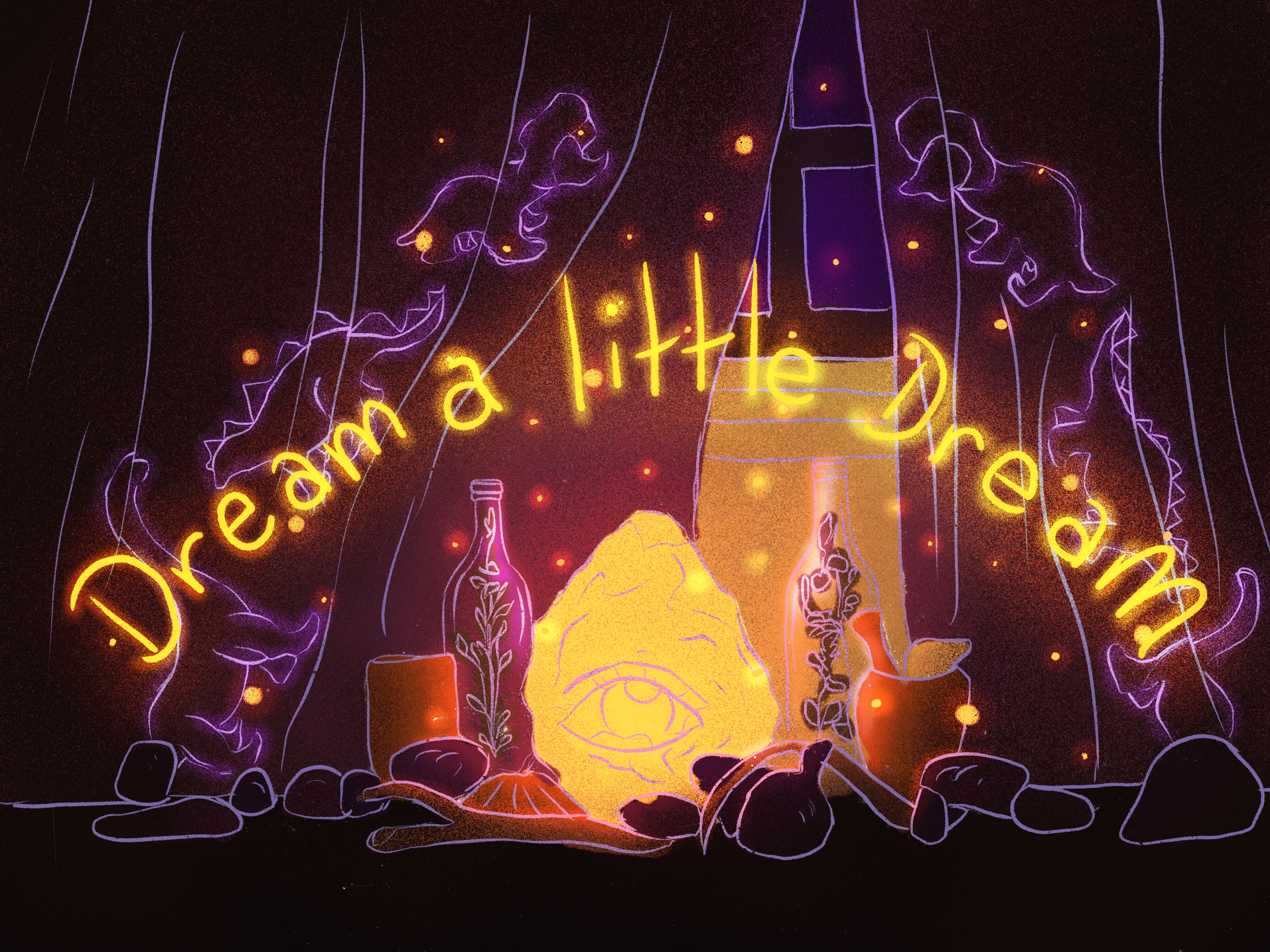 Digital Illustration of a still life featuring a salt lamp, stones, bottles with dried plants inside, and an antler. It is night time the soft ligth from the salt lamp lights the room